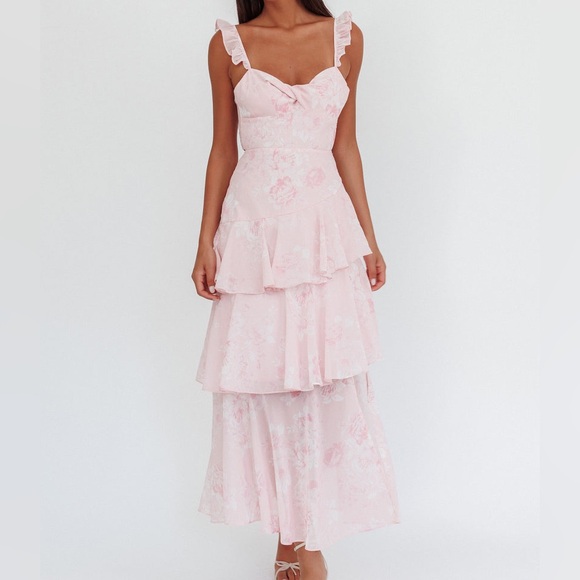 Selfie Leslie nwt Veda Ruffle Strap Split Maxi Dress Roses Blush